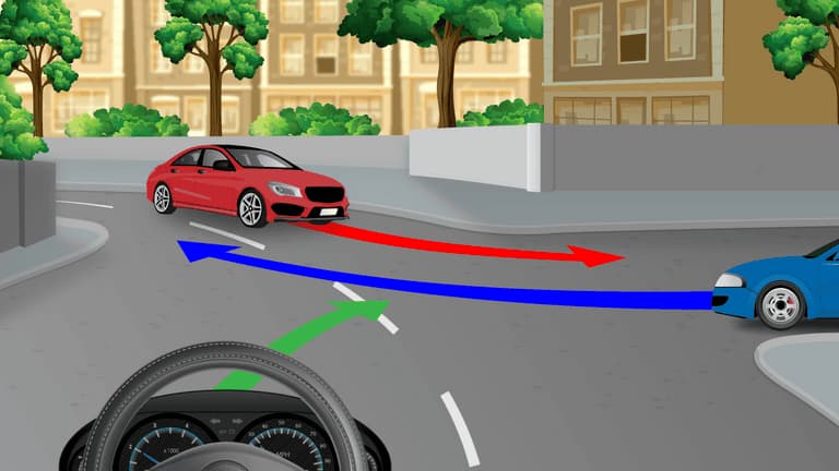 Allow the red car to proceed.