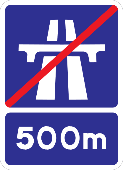 Motorway ends 500 metres ahead.