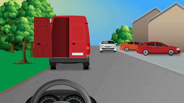 The driver behind the stopped van should wait.