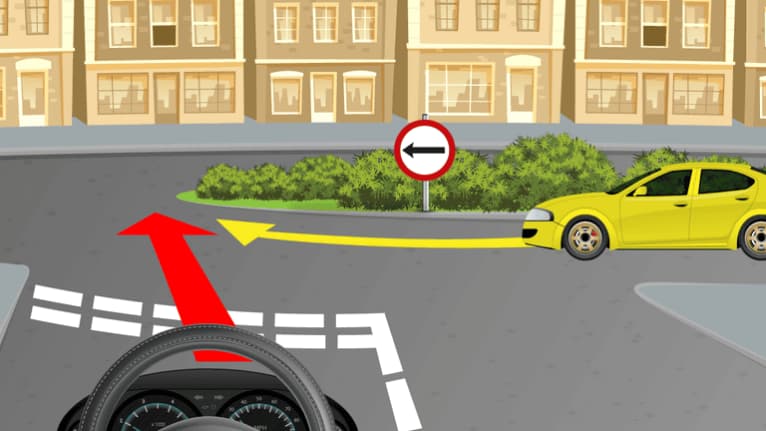 The driver must yield to the yellow car on the roundabout.
