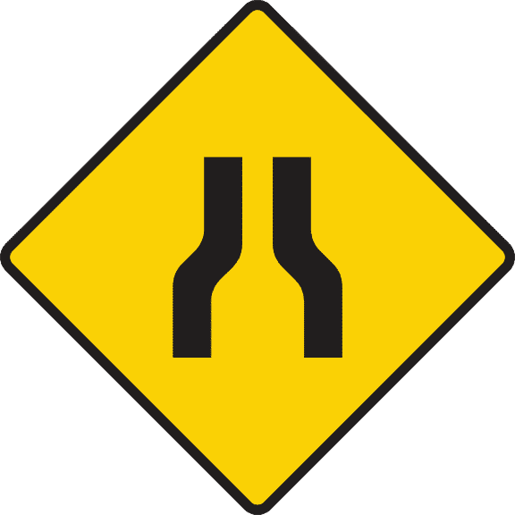 Road narrows on both sides.