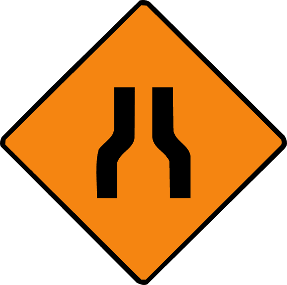 Road narrows on both sides.