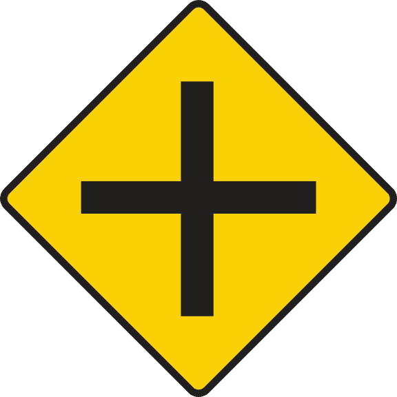 Crossroads ahead with roads of equal importance.