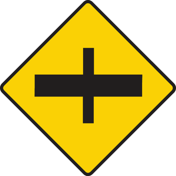 Crossroads with major road ahead.