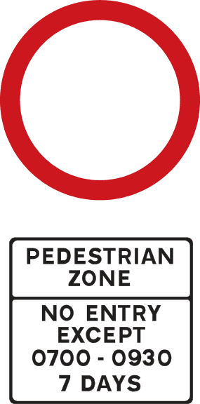 Pedestrianised street ahead - traffic not allowed except during times shown.
