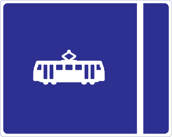 Tram lane on left.