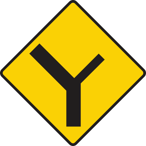 Y-junction where main road bears to the left.