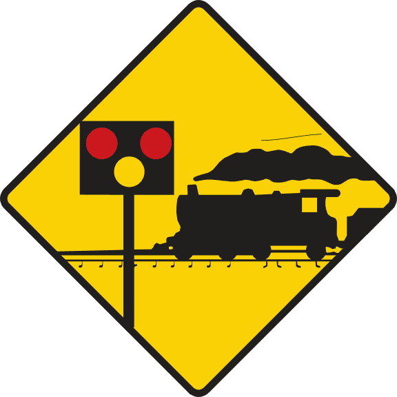 Irish road sign: Level crossing ahead protected by lights and barriers.